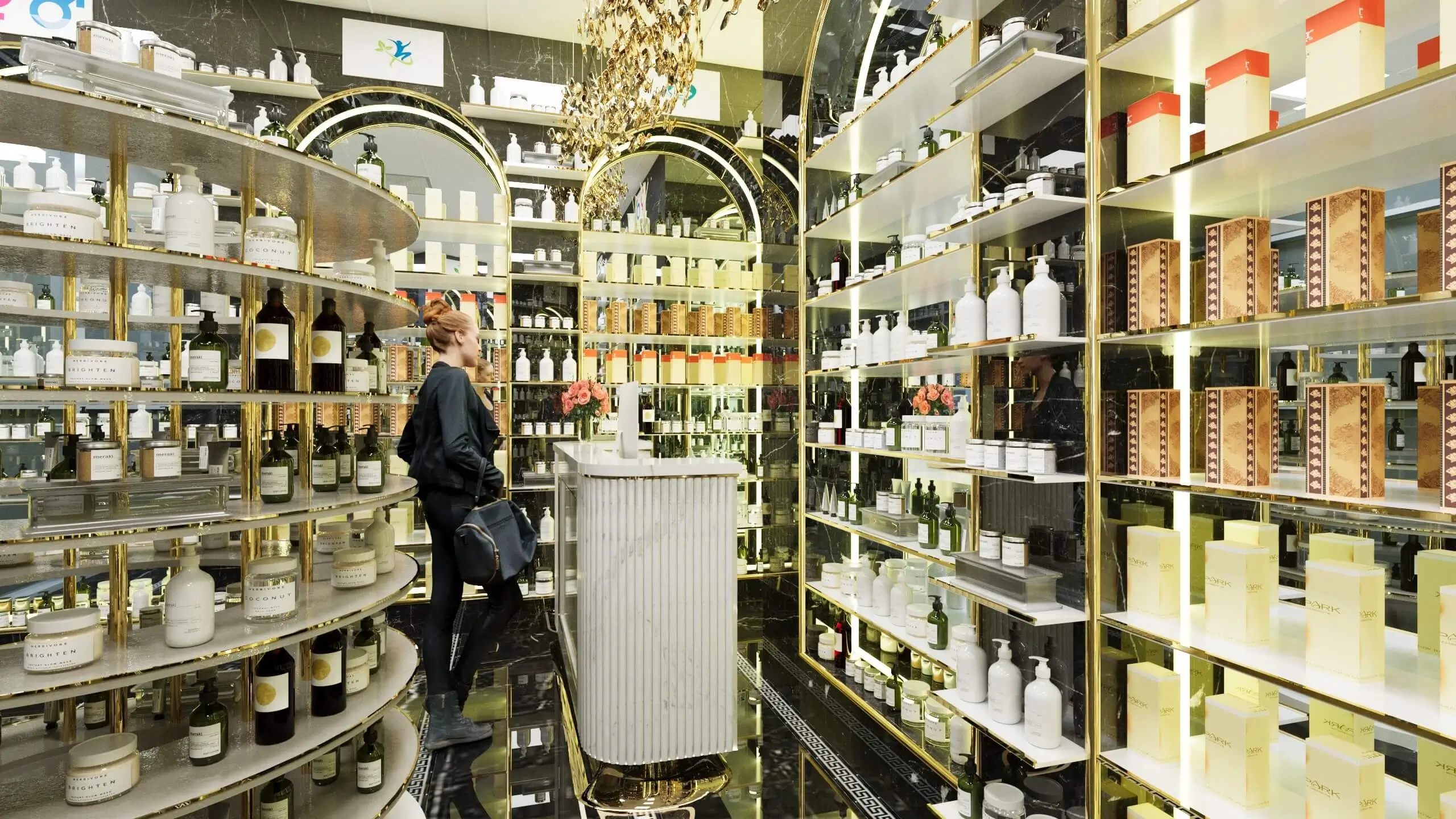 pharmacy rendered image with products and a lady